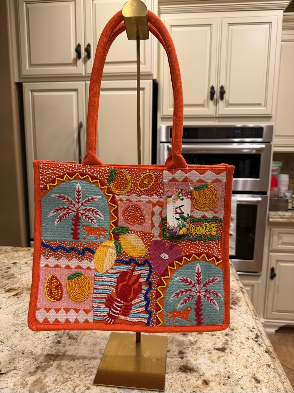 Orange Embroidered Tropical Patchwork Tote